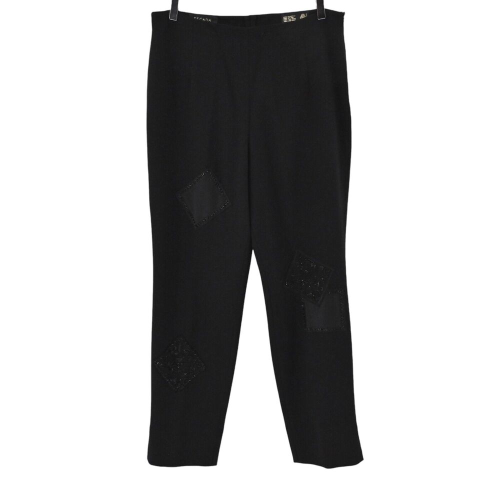 ESCADA Pants Womens Sz 42 Black Wool Beaded Silk Patchwork High Rise Tapered Leg